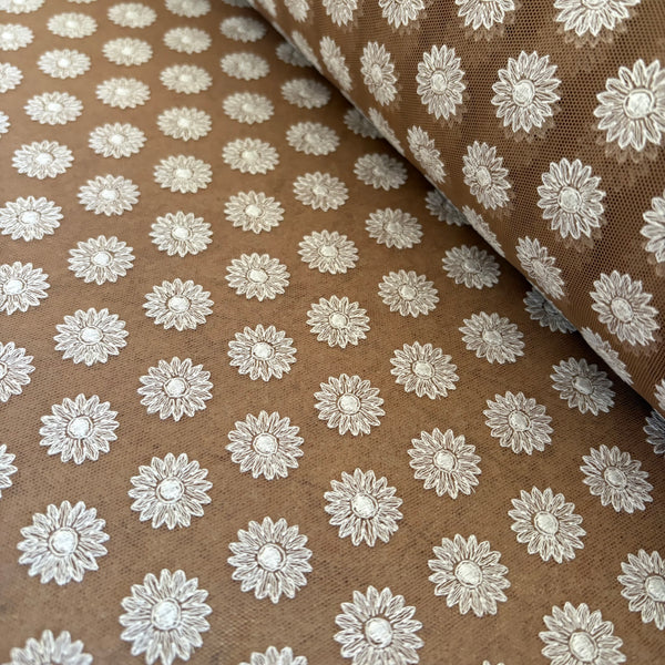 Dark Tan & White Daisy Floral Soft Lightweight Stretch Embroidery Mesh Tulle Net - 1m