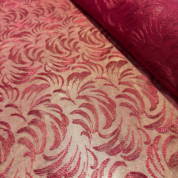 Maroon & Ivory Linen Rigid Allover Wave Embroidery Mesh Tulle Net - 1m