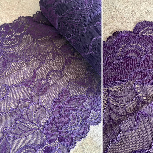 Electric Blue, Ivory & Wild Blackberry Purple Floral Lace (23cm Wide) - 1m