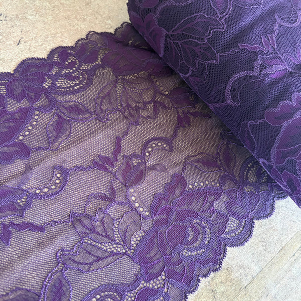 Electric Blue, Ivory & Wild Blackberry Purple Floral Lace (23cm Wide) - 1m