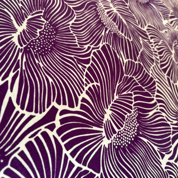 Purple Off White Graphic “Nordic” Inspired Floral Poppy Wave Lycra Fabric - 1m