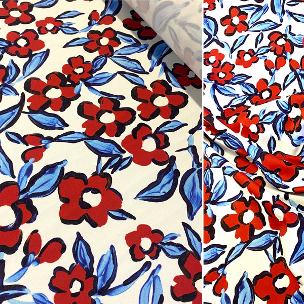 Red, Blue, Black on Off White Floral Lycra Fabric - 1m