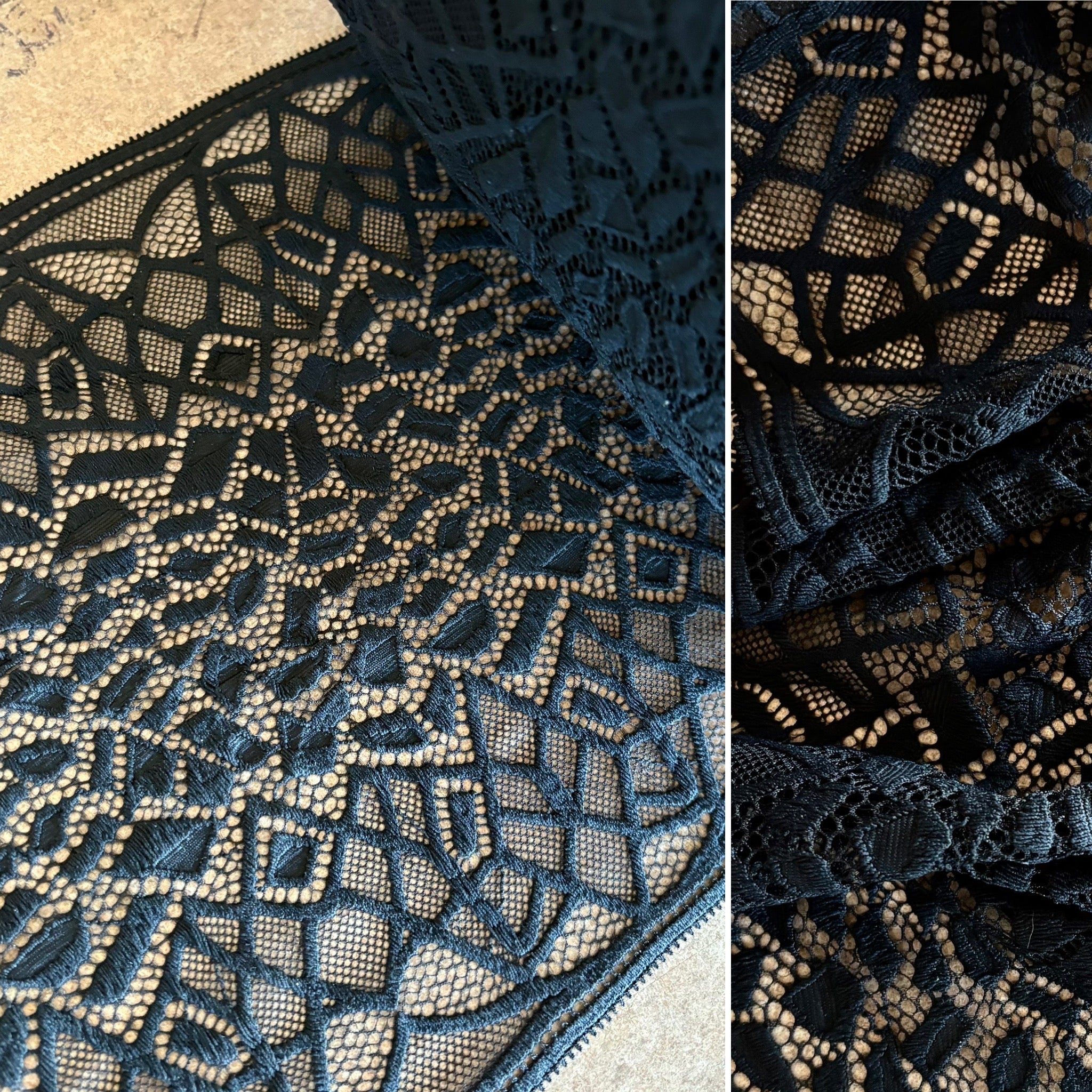 Black, Lava Red and French Blue “Giraffe” Stretch Galloon Lace (22cm Wide) - 1m