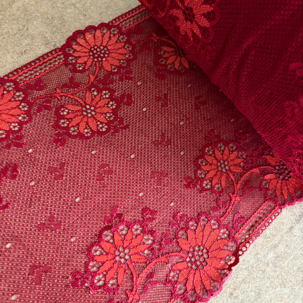Midnight & Ruby Red Floral Stretch Galloon Lace (23.5cm Wide) - 1m