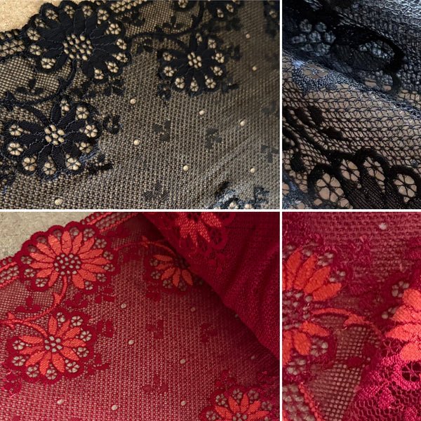 Midnight & Ruby Red Floral Stretch Galloon Lace (23.5cm Wide) - 1m