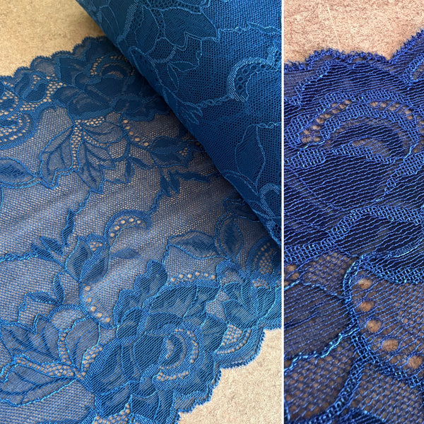 Electric Blue, Ivory & Wild Blackberry Purple Floral Lace (23cm Wide) - 1m