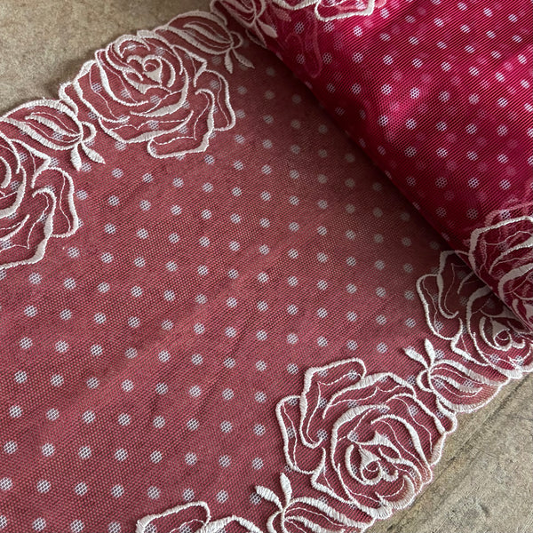 Red & Cream Rose Floral Embroidery Galloon Edging “Lace” (21cm Wide) - 1m