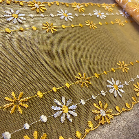 Yellow & White Daisy Petal Floral Embroidery on Yellow Galloon Edging “Lace” (14cm Wide) - 1m