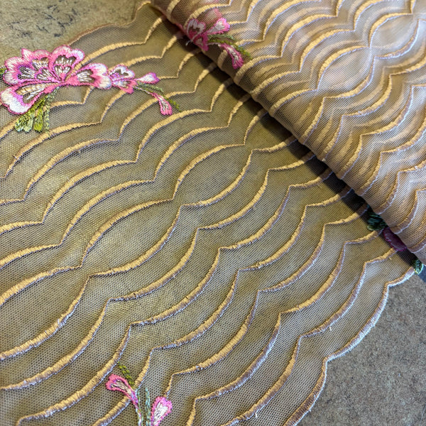 Ivory Black Beige & Brown Floral Stretch Embroidery Edging “Lace” (23cm Wide) - 1m