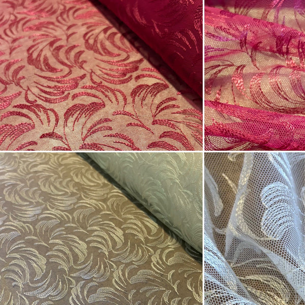 Maroon & Ivory Linen Rigid Allover Wave Embroidery Mesh Tulle Net - 1m