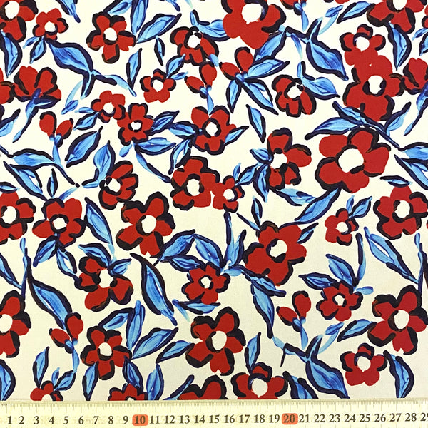 Red, Blue, Black on Off White Floral Lycra Fabric - 1m