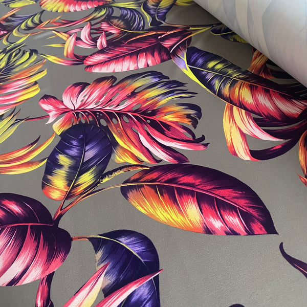 Pink, Purple & Yellow on Smokey Leaf on Grey Print Tropical Lycra Fabric - 1m