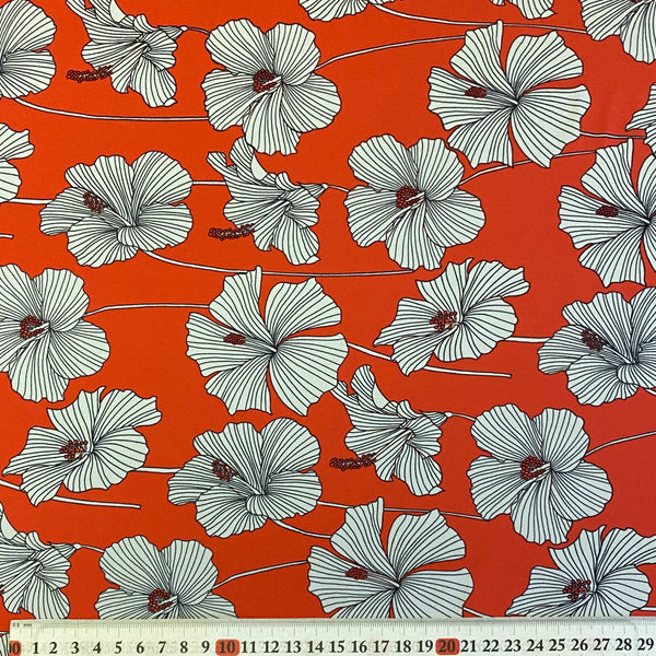 Orange Red Black & White Hibiscus Tropical Floral Print Lycra Fabric - 1m