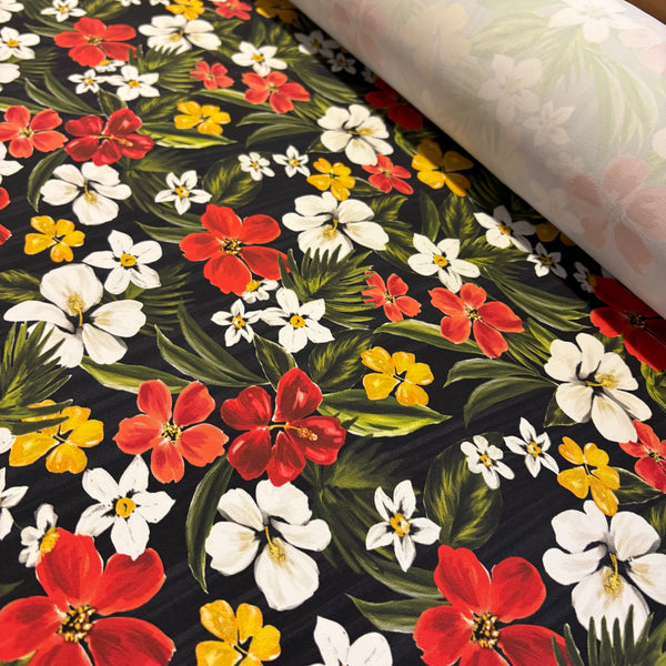 White Yellow & Red Leaf Print Tropical “Cotton Feel” Lycra Fabric - 1m
