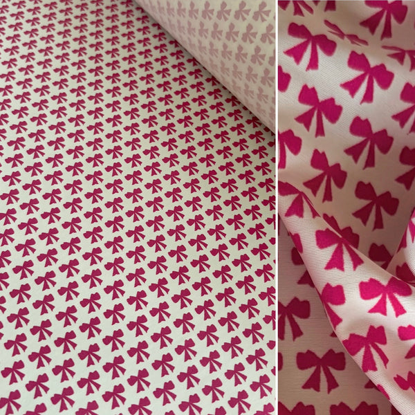 White & Pink Bow Swimwear Nylon Lycra Fabric - 1m