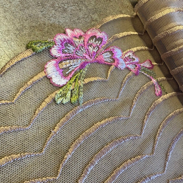 Ivory Black Beige & Brown Floral Stretch Embroidery Edging “Lace” (23cm Wide) - 1m