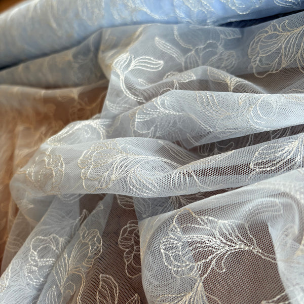 Ice Blue, Midnight Navy, Silver Shine, & Cerese Allover Embroidery Mesh Tulle Net - 1m