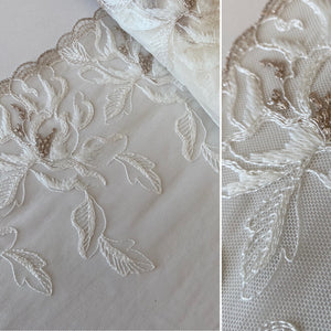 Ivory & Silver/Platinum Soft Lightweight Stretch Embroidery “Lace” Edging (18cm) - 1m