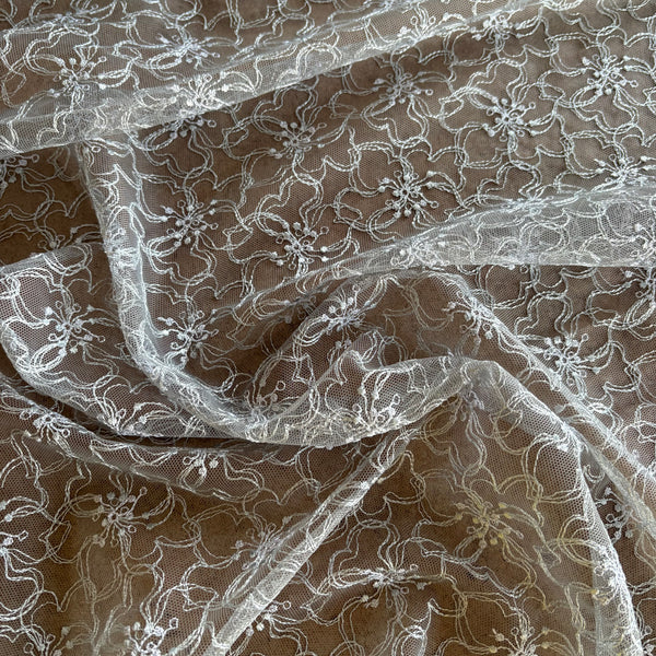 Steel Grey & Glitter Lurex Poppy Allover Rigid Embroidery on Grey Mesh Tulle Net - 1m