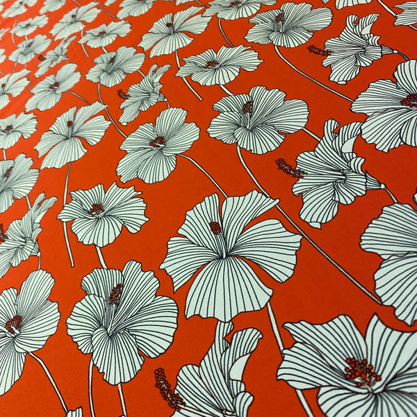 Orange Red Black & White Hibiscus Tropical Floral Print Lycra Fabric - 1m