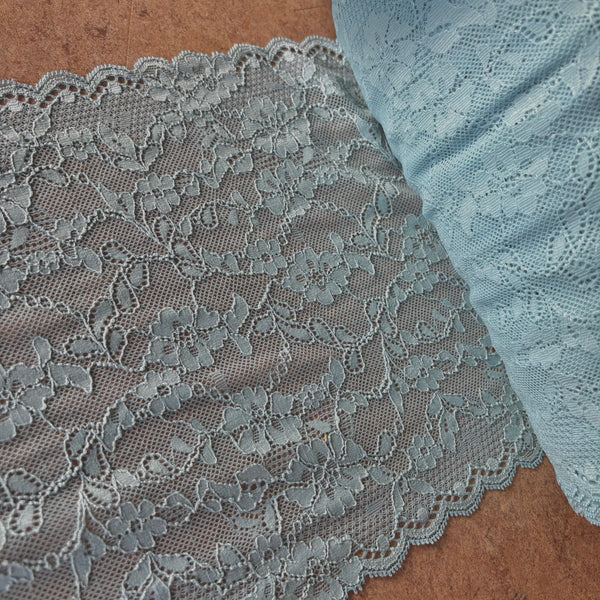 Mint Green & Smokey Blue Floral Stretch Galloon Lace (23.5cm Wide) - 1m