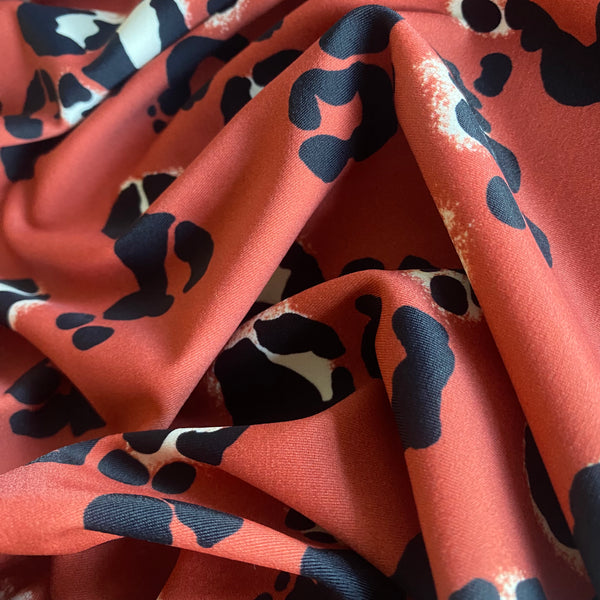 Burnt Orange Black & White Leopard Animal Print Nylon Lycra Swim Fabric - 1m