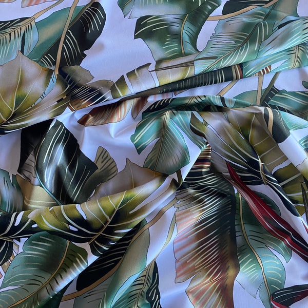 White, Brown and Green Leaf print Tropical Lycra Fabric - 1m