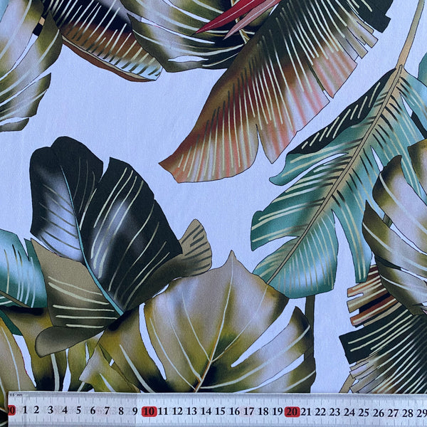 White, Brown and Green Leaf print Tropical Lycra Fabric - 1m