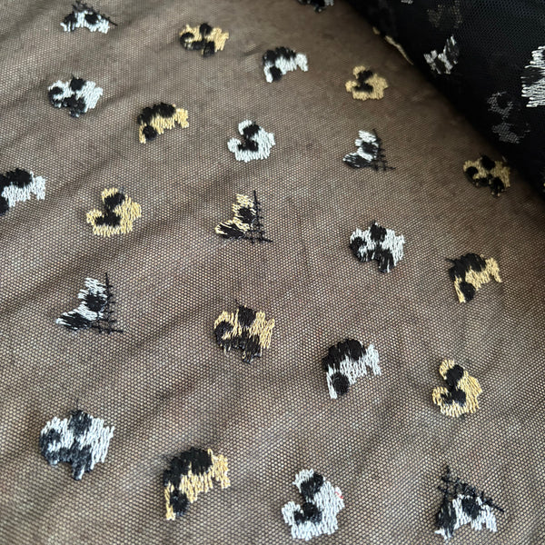 Black, Gold and White Allover Stretch Leopard Allover Embroidery on Black Mesh Tulle Net - 1m