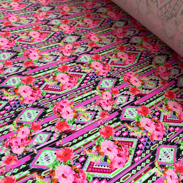 Multicoloured Pink Rose Diamond and Stripe Graphic Floral Lycra Fabric - 1m