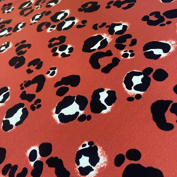 Burnt Orange Black & White Leopard Animal Print Nylon Lycra Swim Fabric - 1m