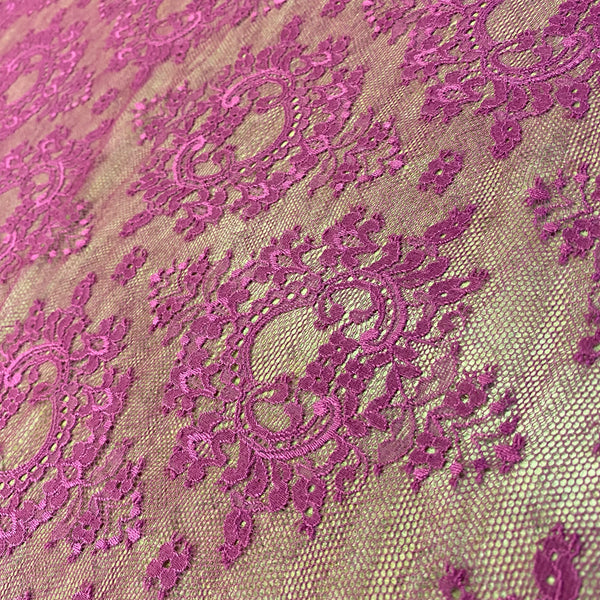 Yellow & Fuchsia Pink Allover Stretch Leavers Lace (150cm wide) - 1m