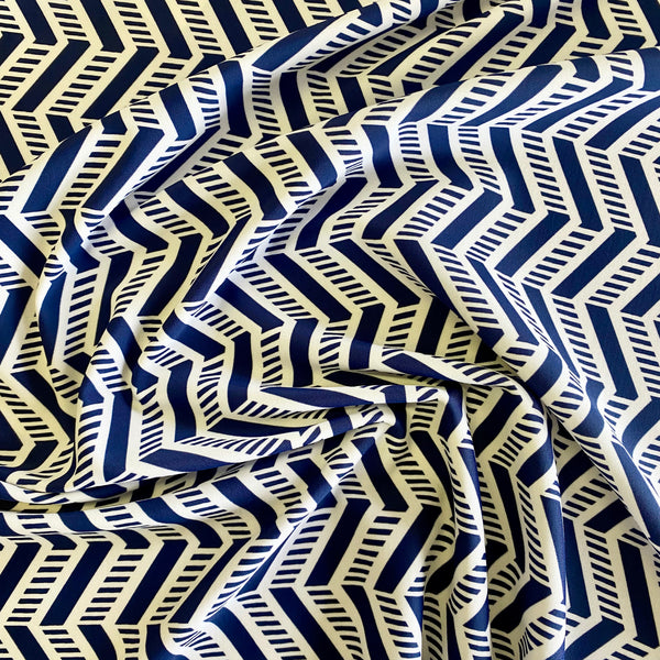 Chevron Print Stretch Navy Blue & White Stripe Lycra Fabric - 1m