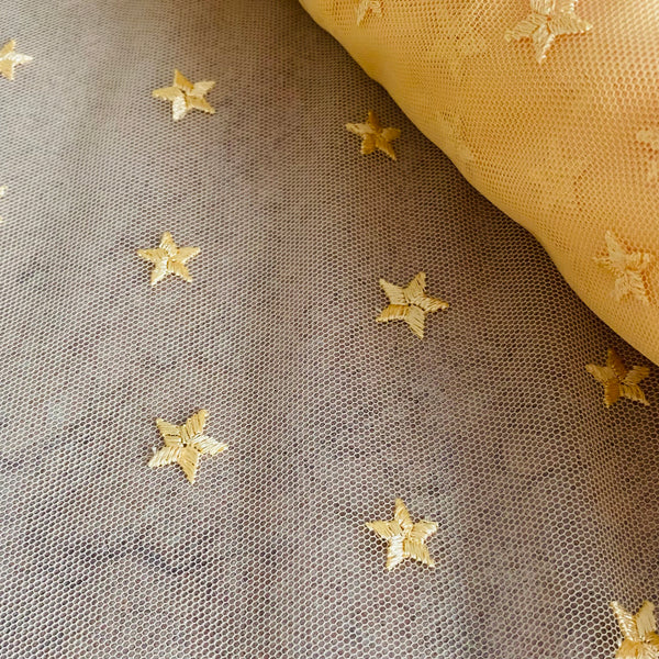 Bright Yellow Stars Allover Embroidery Rigid & Stretch Mesh Tulle Net - 1m