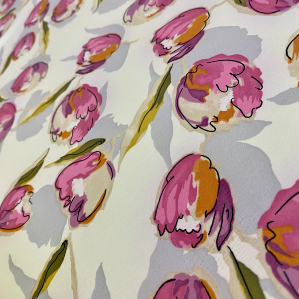 Pink, Green & Cream “Tulip” Print Nylon Lycra Fabric - 1m