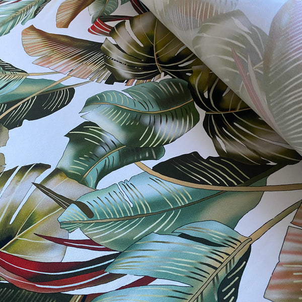 White, Brown and Green Leaf print Tropical Lycra Fabric - 1m