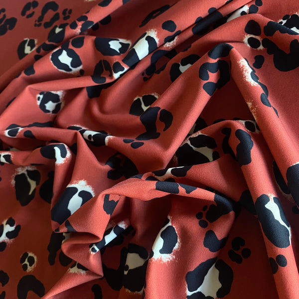 Burnt Orange Black & White Leopard Animal Print Nylon Lycra Swim Fabric - 1m