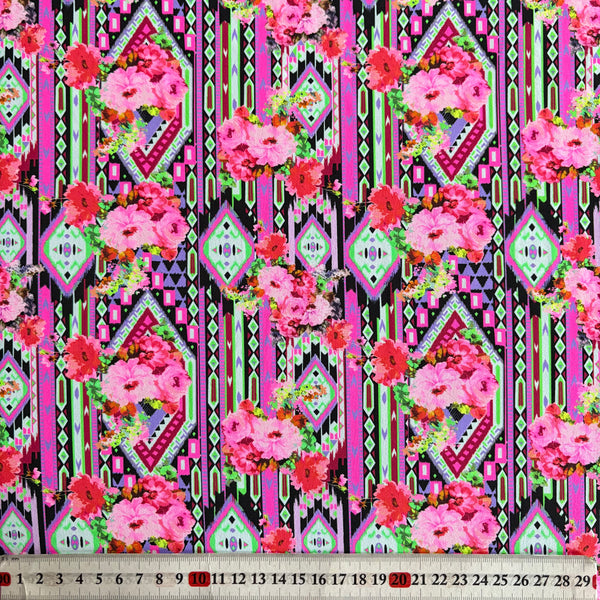 Multicoloured Pink Rose Diamond and Stripe Graphic Floral Lycra Fabric - 1m