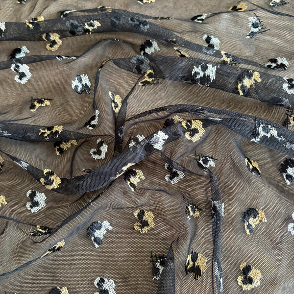 Black, Gold and White Allover Stretch Leopard Allover Embroidery on Black Mesh Tulle Net - 1m