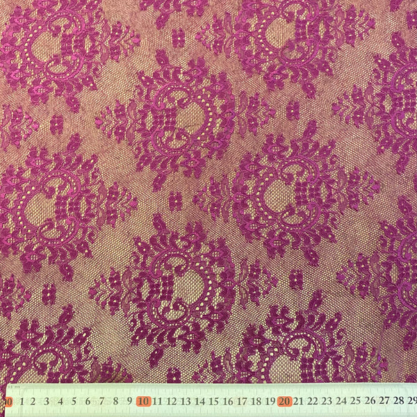 Yellow & Fuchsia Pink Allover Stretch Leavers Lace (150cm wide) - 1m