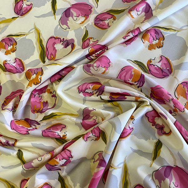 Pink, Green & Cream “Tulip” Print Nylon Lycra Fabric - 1m