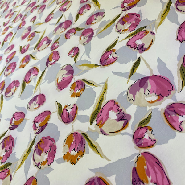 Pink, Green & Cream “Tulip” Print Nylon Lycra Fabric - 1m