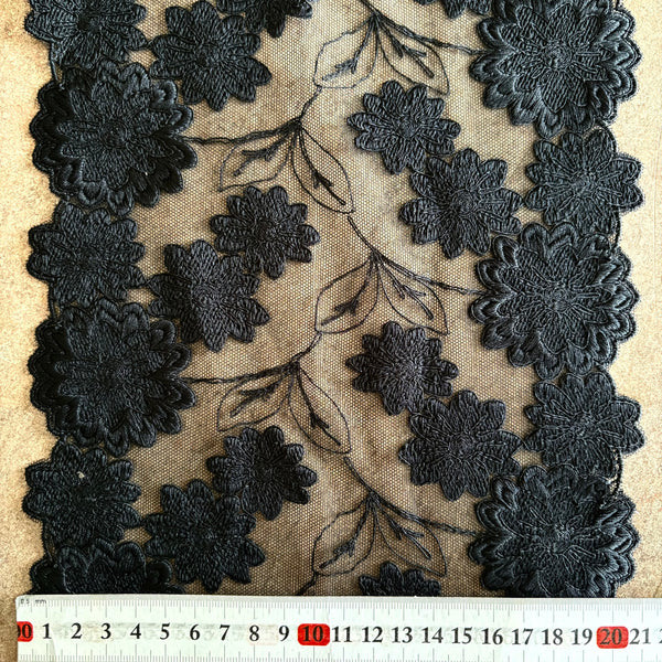 Black Floral Ivy Embroidery Galloon Edging “Lace” (21cm Wide) - 1m
