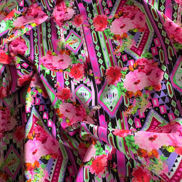 Multicoloured Pink Rose Diamond and Stripe Graphic Floral Lycra Fabric - 1m