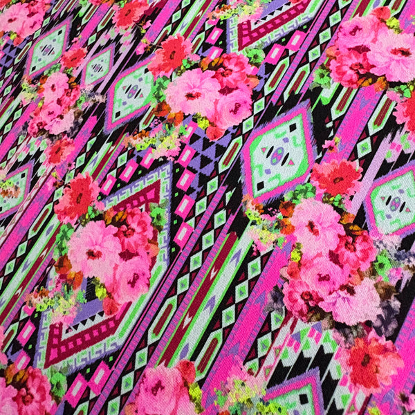 Multicoloured Pink Rose Diamond and Stripe Graphic Floral Lycra Fabric - 1m