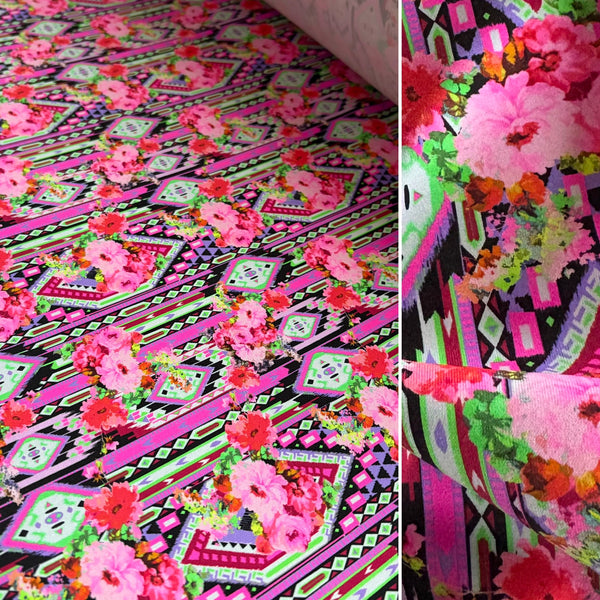 Multicoloured Pink Rose Diamond and Stripe Graphic Floral Lycra Fabric - 1m