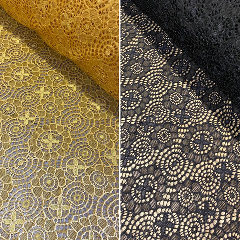 “Old Gold” & Black Chanty Allover Stretch Lace (140cm wide) - 1m