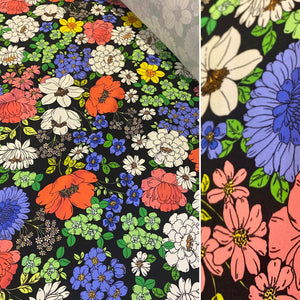 Black, Yellow, Pink and Purple Floral Cartoon Lycra Fabric - 1m