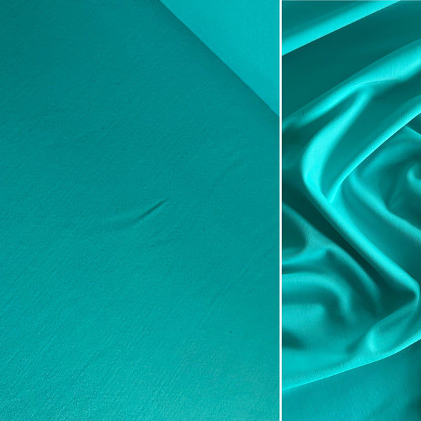 Two samples of teal fabric, one smooth and one with texture, on a split background.