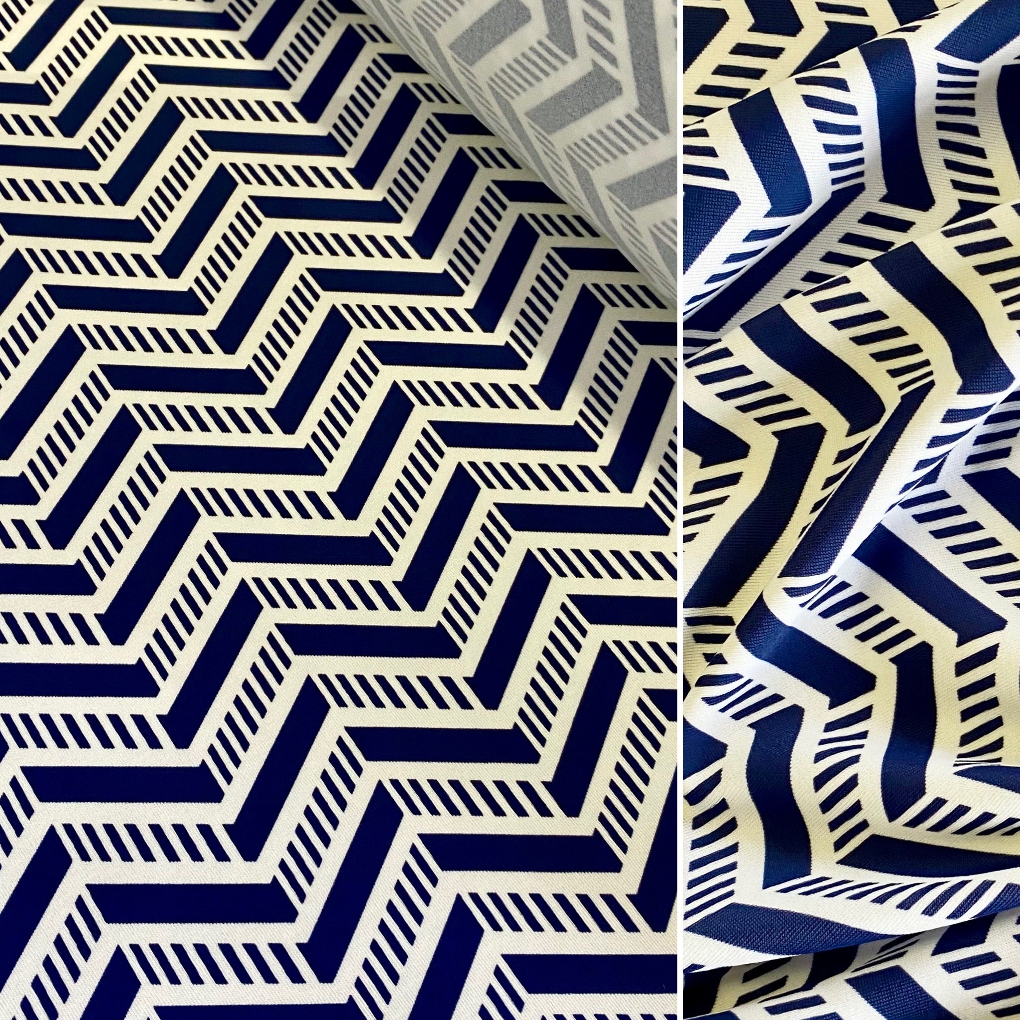 Chevron Print Stretch Navy Blue & White Stripe Lycra Fabric - 1m